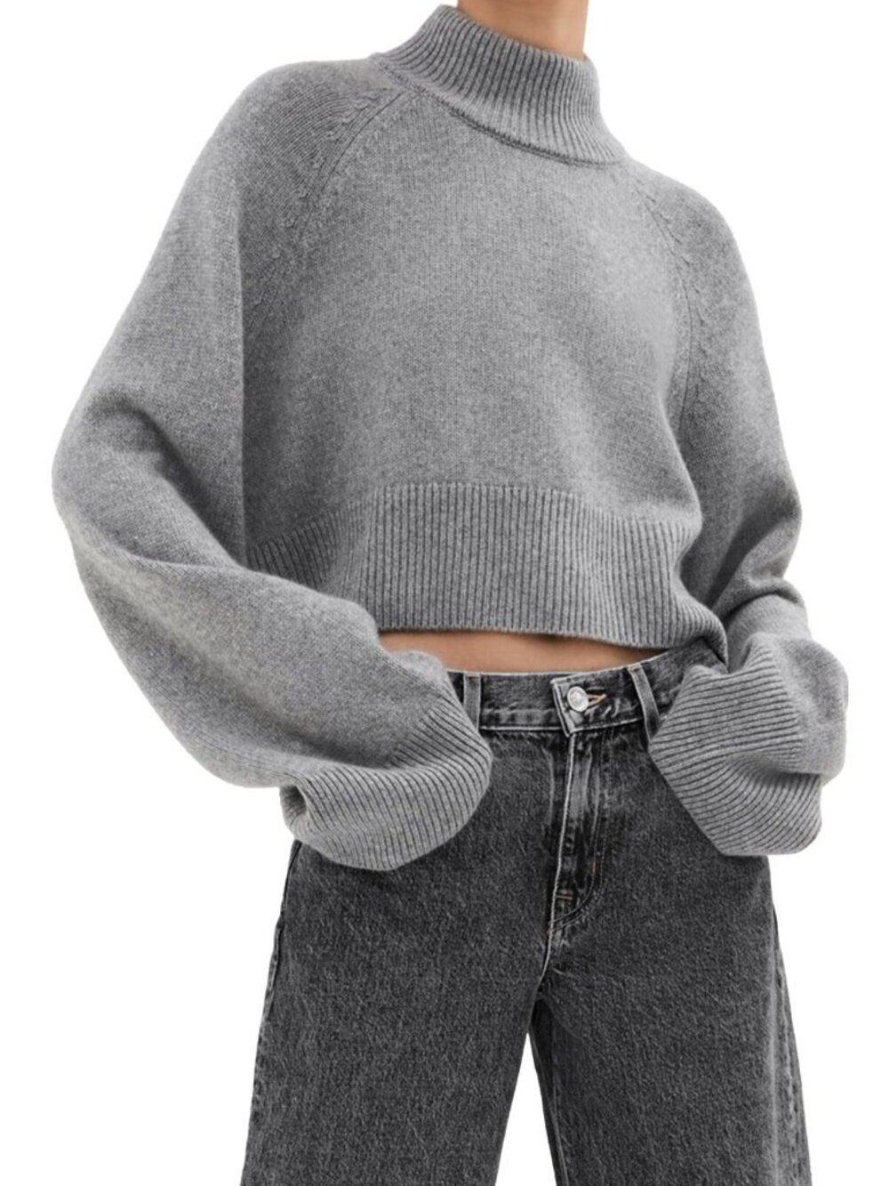 Reformation Garrett Womens Turtleneck Cashmere Crop Sweater in Husky Grey Size L